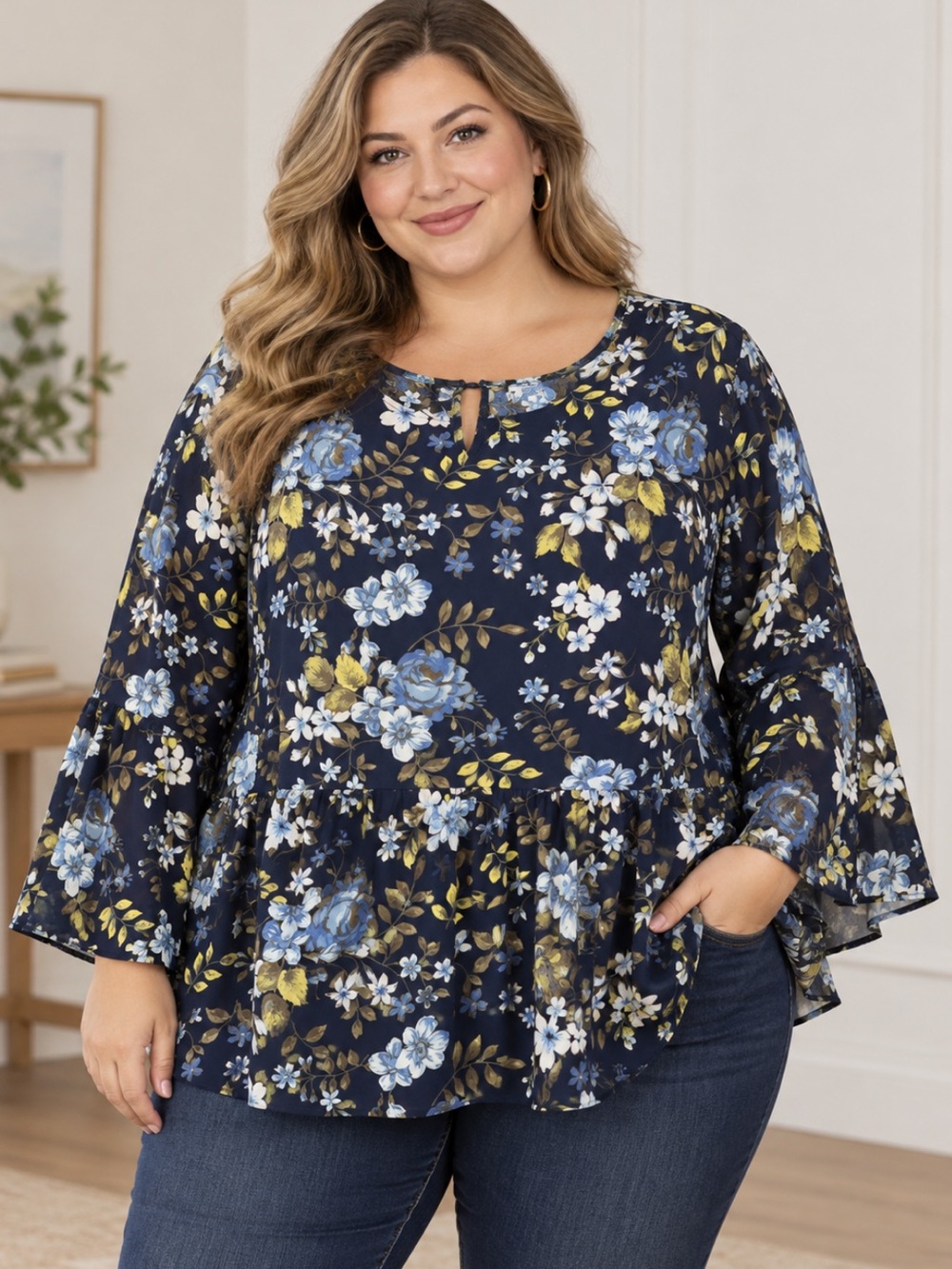 Navy Floral Peplum Blouse